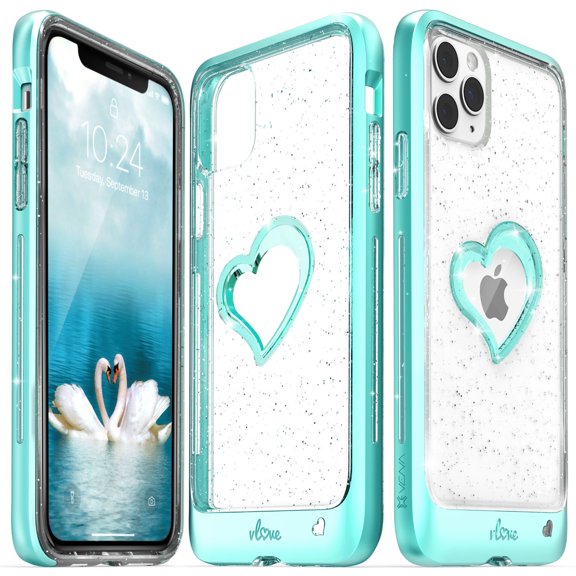 Vena iPhone 11 Pro Max, vLove Glitter Heart Case Slim Dual Layer Protection - Teal (PC) and Clear TPU with Glitter