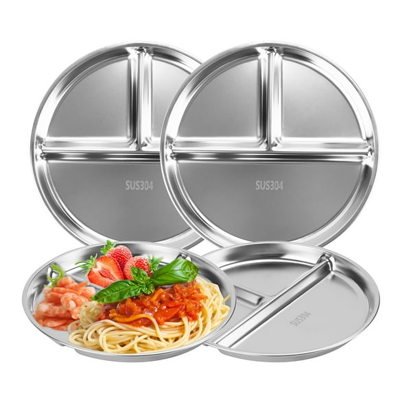 Portion Control Plates Set of 4 Stainless Steel Divided Plates 9" Reusable Dinner Plates (4)