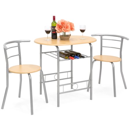 Mediterranean Set Table - Best Choice Products 3-Piece Wooden Kitchen Dining Room Round Table and Chairs Set w/ Built In Wine Rack (Natural)