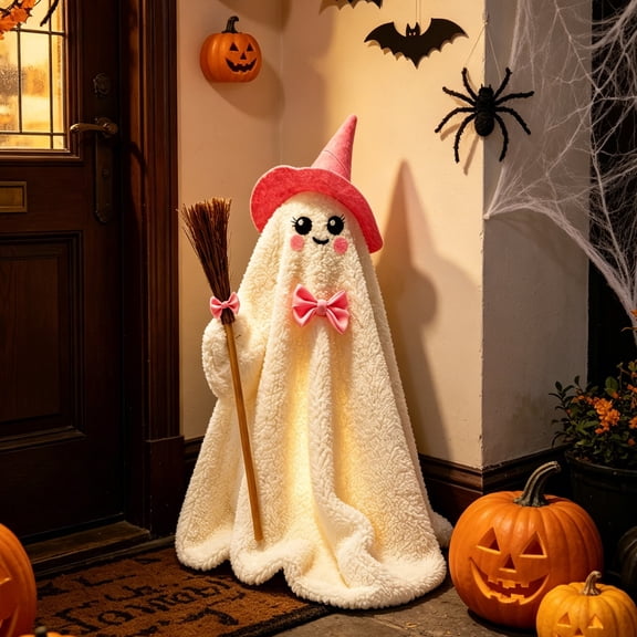 Plush Halloween Ghost Decorations,Light Up LED Standing Ghost Halloween Decor,Cute Ghost Halloween Ornament for Indoor Outdoor Front Door Porch Yard Garden Home Party Decor(A)