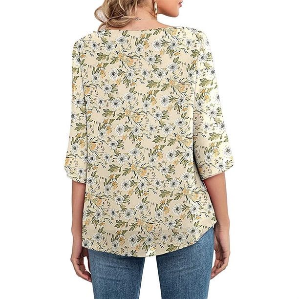 Qarigey Camisa de mujer Estampado de media manga Top Camisa de mujer Estampado de medio cuello Blusa informal Prendas para la parte del cuerpo flor blanca amarilla L