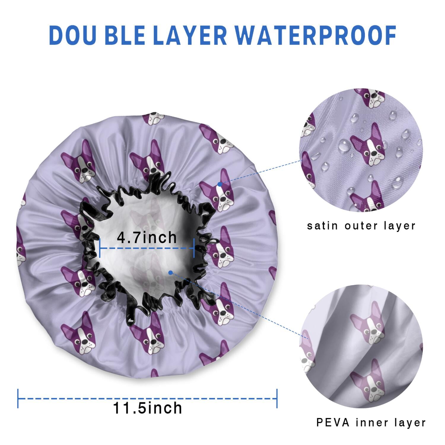 Shower Caps,Purple Boston Terrier Puppy Waterproof Shower Cap for Women 4 Pieces,Double Reusable Hair Cover for Shower PEVA Elastic Stretch Hem