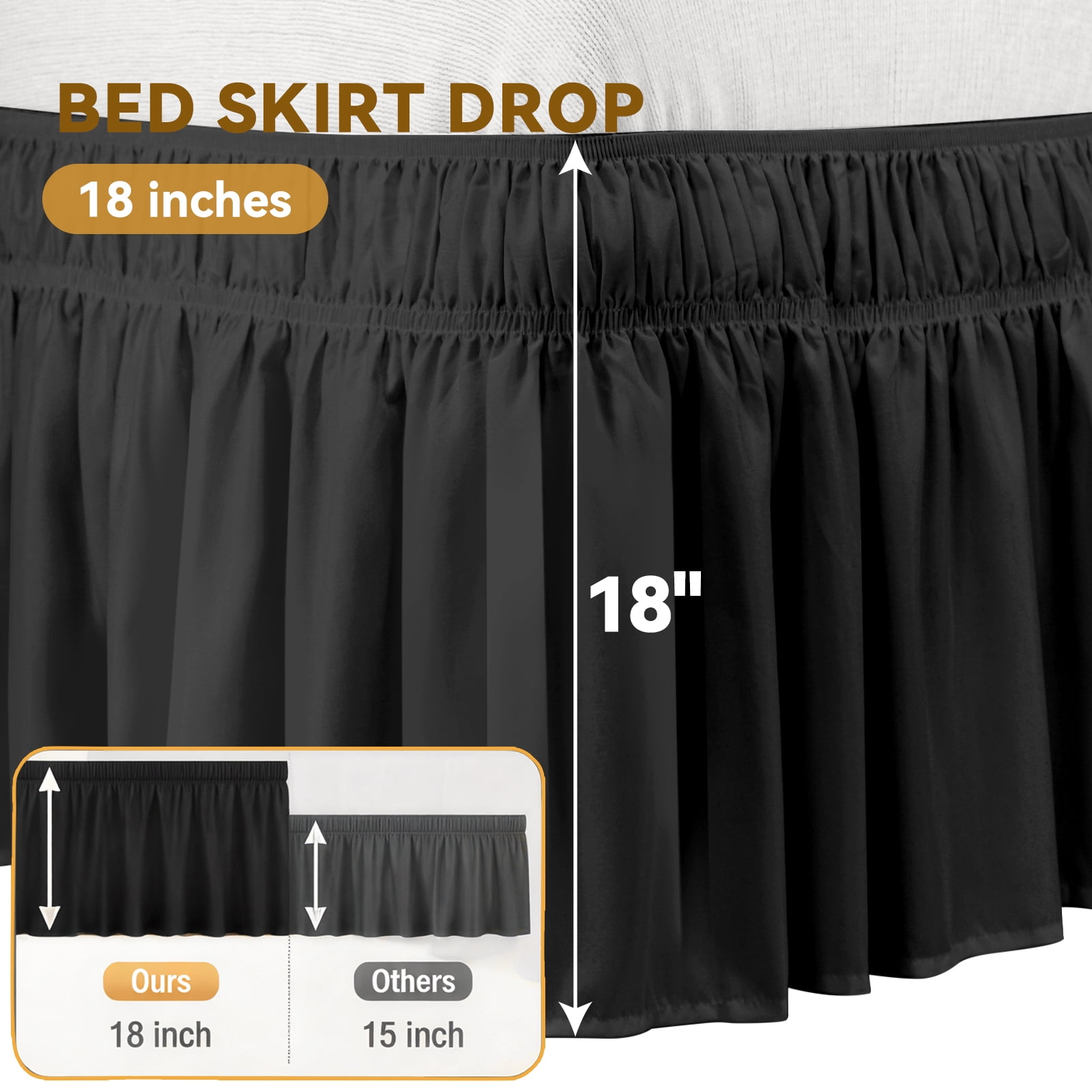 AzulHome King Bed Skirt 18 Inch Drop, 90GSM Black Dust Ruffle with Dual Elastic Bands, Adjustable Fit Cal King, Easy Care