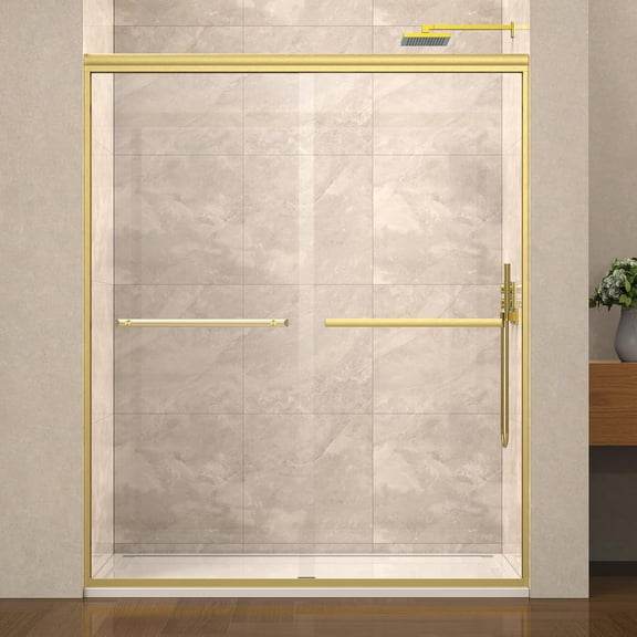 AURISAL 60" W x 72" H Semi-Frameless Bypass Sliding Shower Door, Brushed Gold, Tempered Glass