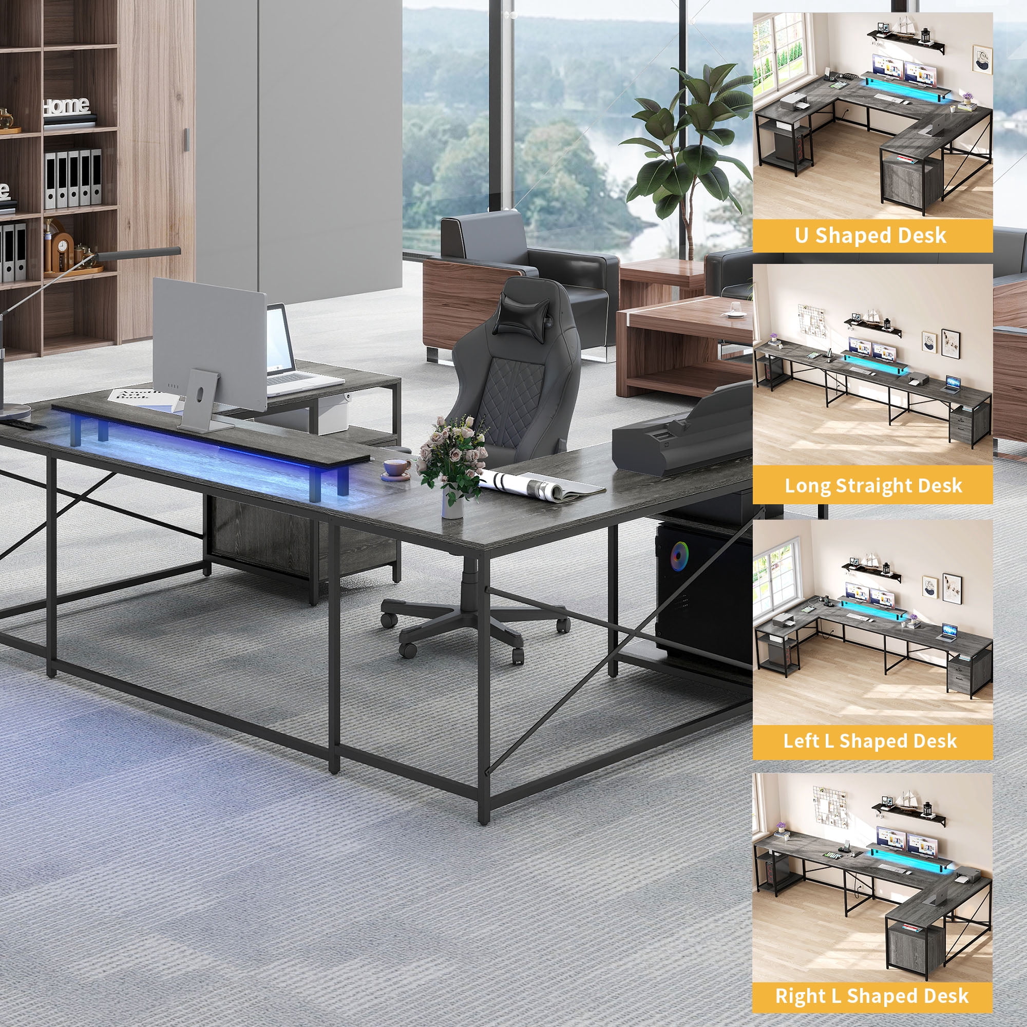 Uforic U Shaped Computer Desk with Power Outlets and LED Lights, Reversible L Shape Desk for Home Office, Gray
