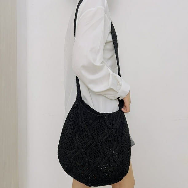 Bolsos de hombro de punto para mujer Bolso de compras tejido de gran capacidad (negro)
