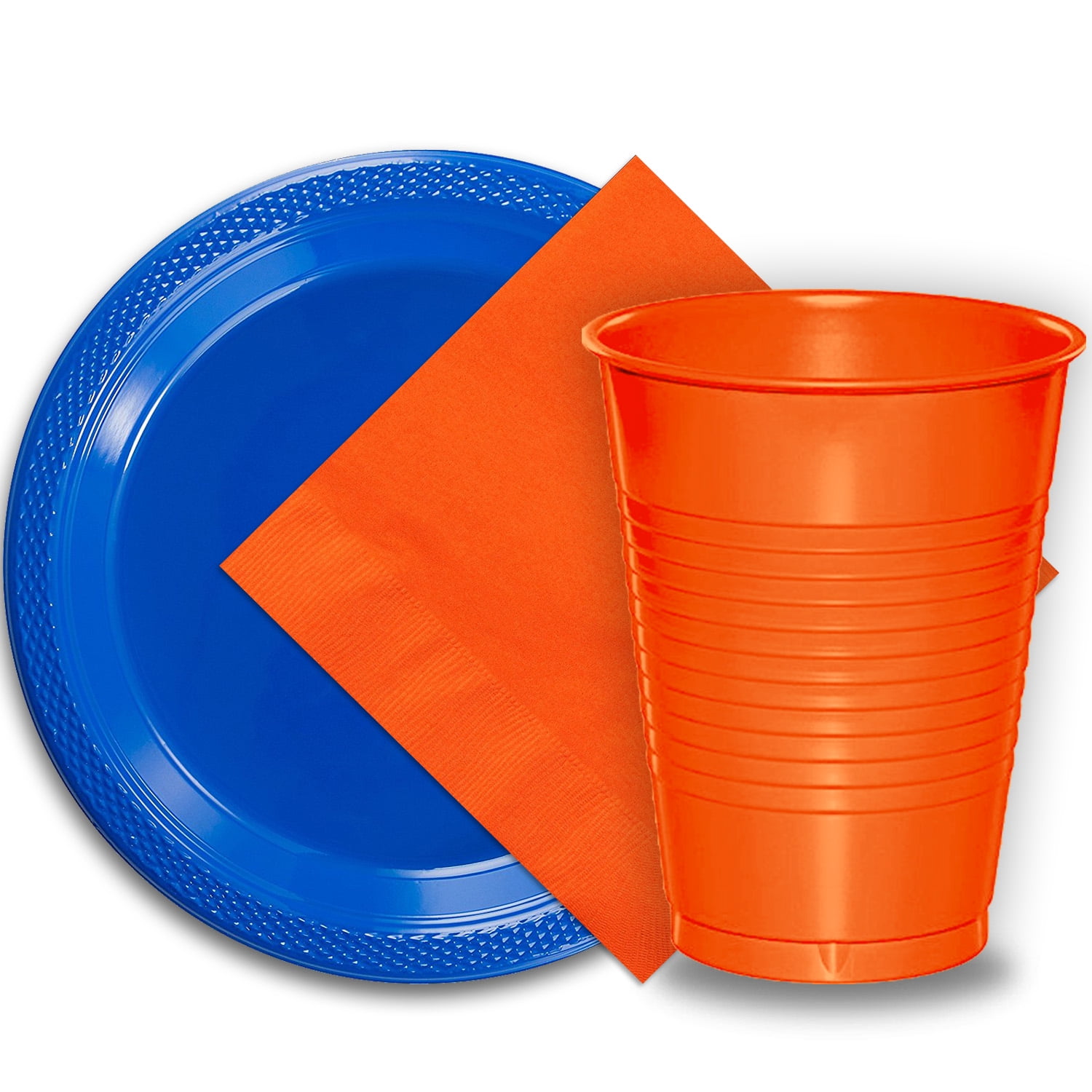 50 Dark Blue Plastic Plates (9"), 50 Orange Plastic Cups (12 oz.), and