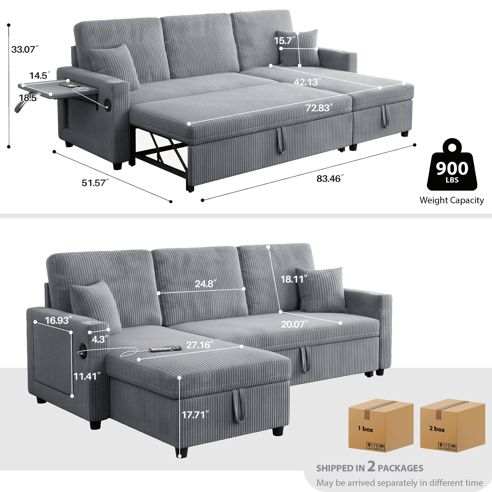 LLappuil Sectional Sofa, 84" Sectional Couch with Storage Chaise, Small Desktop, Cup Holders, Charging Port Convertible Sofa Bed, Corduroy Pull Out Sofa Bed for Living Room Gray