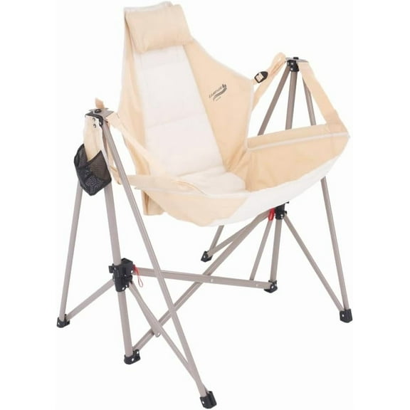Portable Swing Hammock Chair | Foldable Recliner Rocking Lounger with Headrest & Drink Holder | Outdoor Sports, Beach, Lawn, Hunting, Tailgating, Fishing | Supports 300Lbs (Beige)
