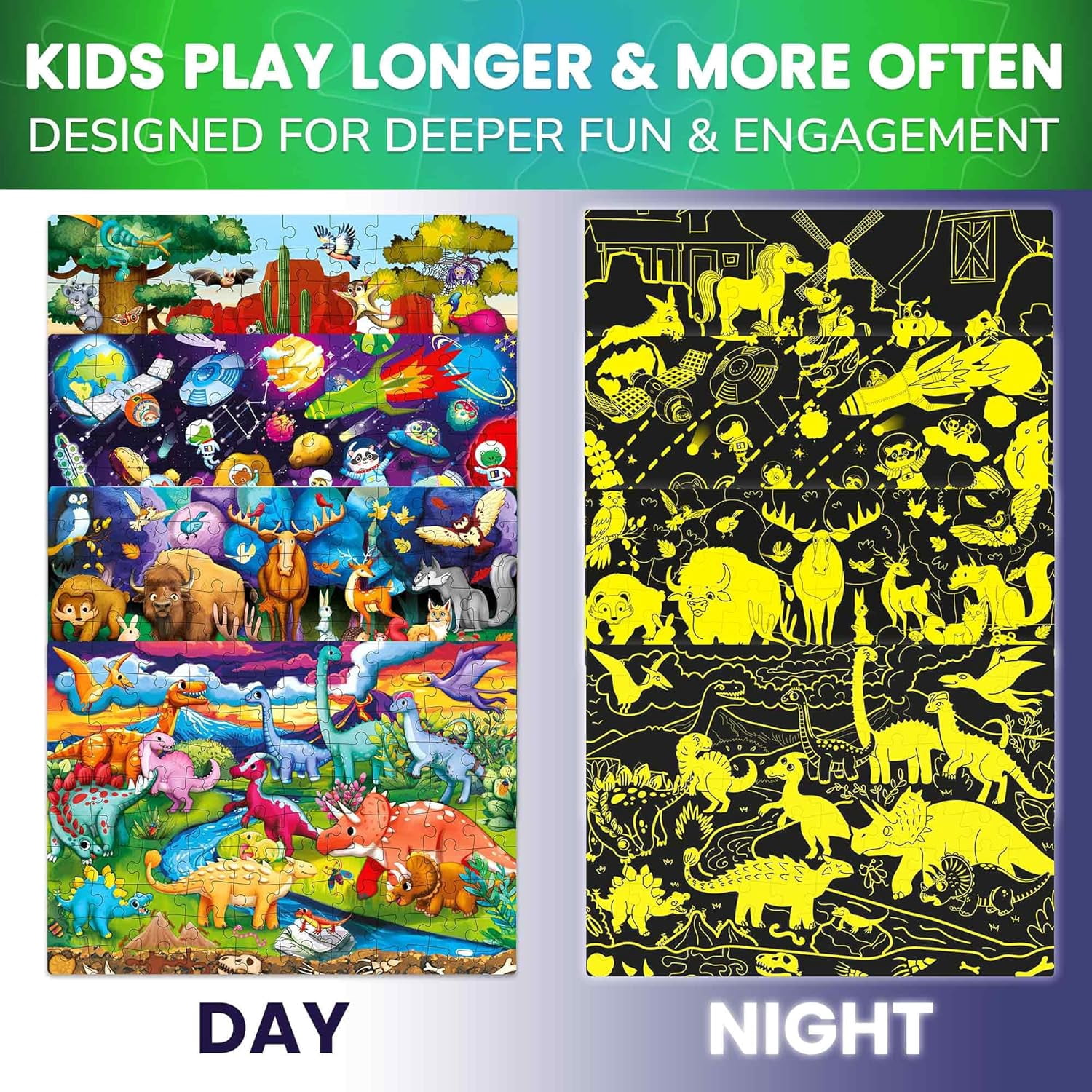 QUOKKA 4x100 Piece Puzzles for Kids Ages 6-8 – Glow-in-The-Dark Puzzles Space, Dinosaurs, Animals – Fun Educational Puzzle for Boys & Girls