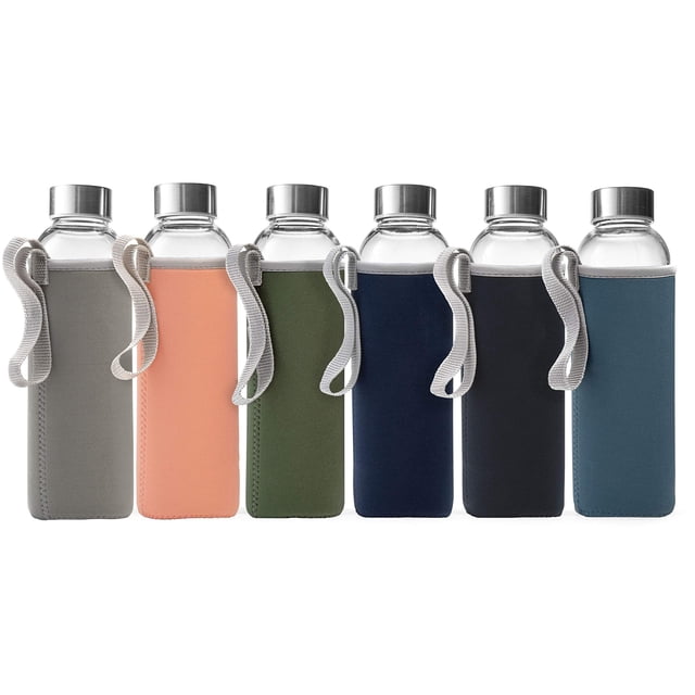 Botellas de agua de vidrio Epica, reutilizables, 540 ml, juego de 6 con fundas