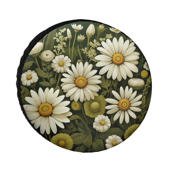 Daisy Pattern Sage Green Camping Spare Tire Cover Sunflower Flower Daisy Polyester Universal Spare Wheel Tire Cover Wheel Covers Universal Fit for Trailer SUV Truck Camper Travel Trailer 12inch