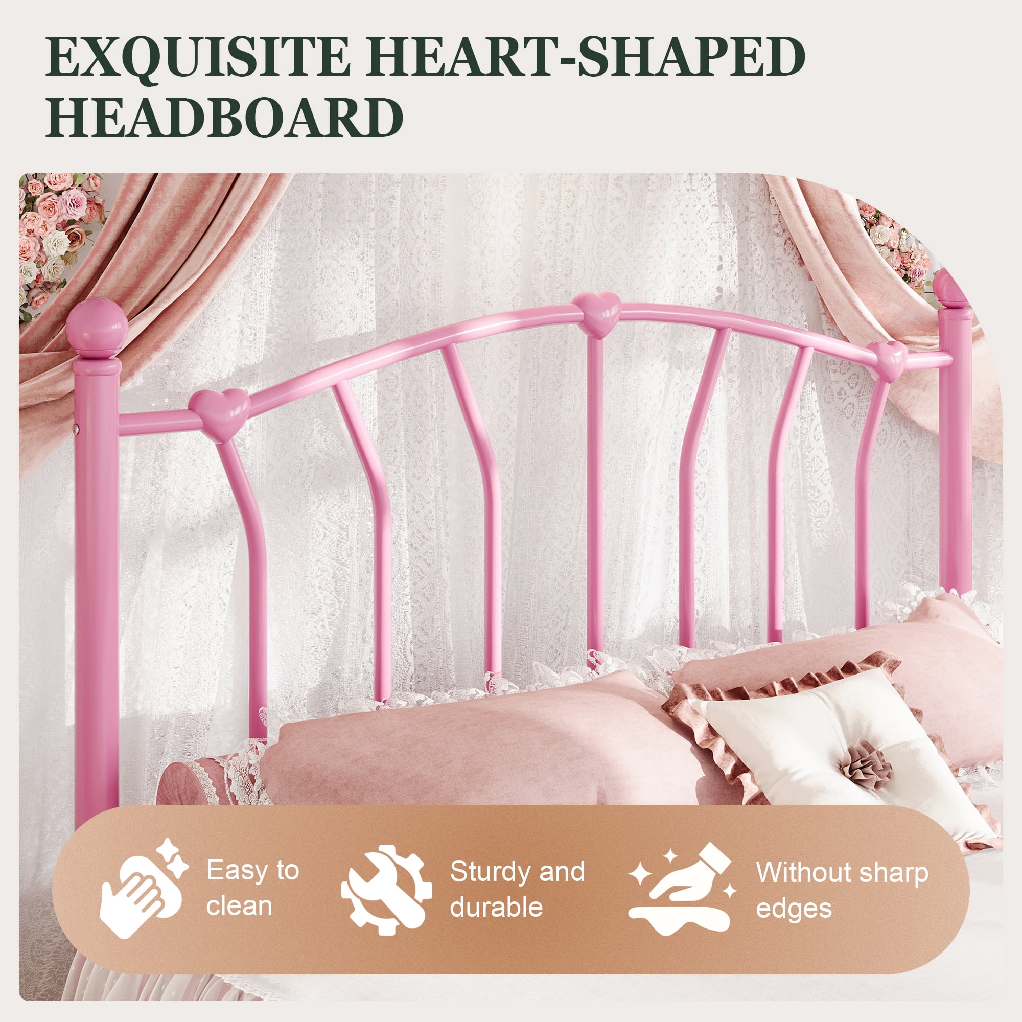 Amolife Full Bed Frame, Metal Platform Bed with Heart-Shaped Headboard and Footboard, 12.6'' Under-Bed Storage Space, No Box Spring Needed, Pink