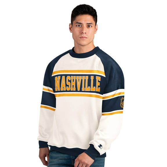 Men's Starter  White Nashville Predators Defense Fleece Crewneck Sweatshirt