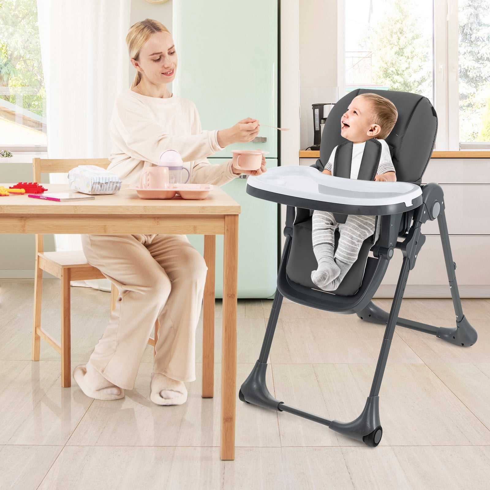 Infans Baby High Chair with 7 Height & 3 Footrest Adjustable Cup holder 2 Wheels