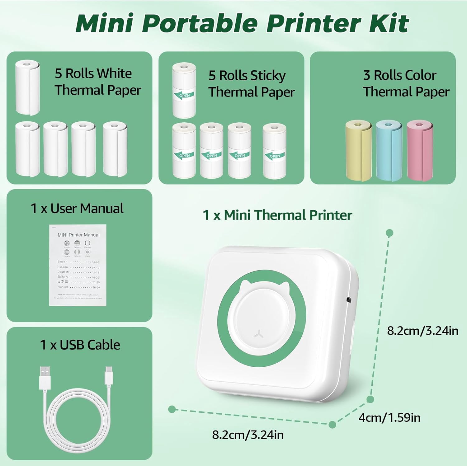 Sticker Printer,Portable Printer Mini Thermal Printer, Inkless Bluetooth Pocket Label Maker with 13 Rolls Print Paper,6 Colored pens,Multiple Templates for Notes Journal Memo Photo Study