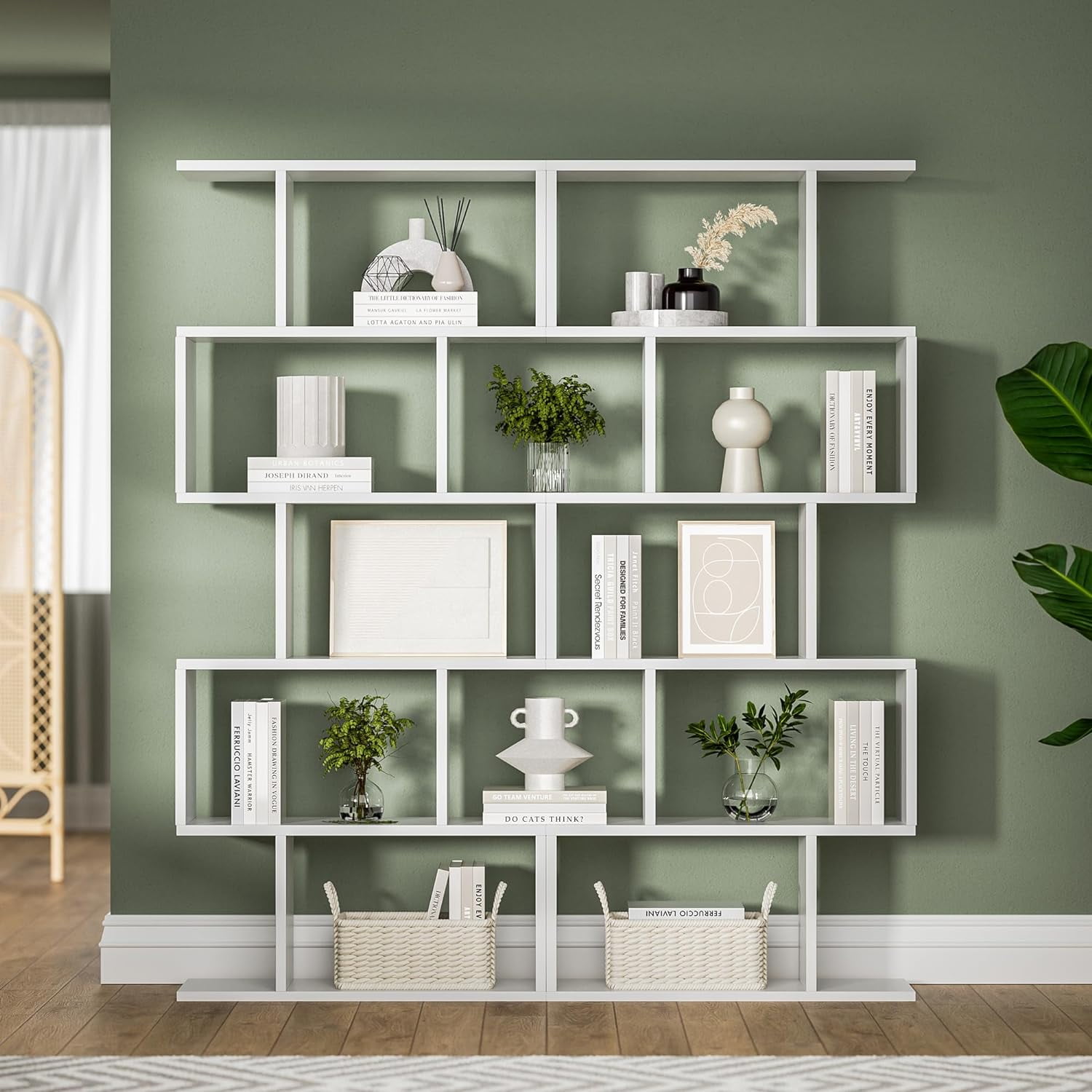 DIYART White 5-Tier Geometric Bookcase, S-Shaped Modern Bookshelf set of 2