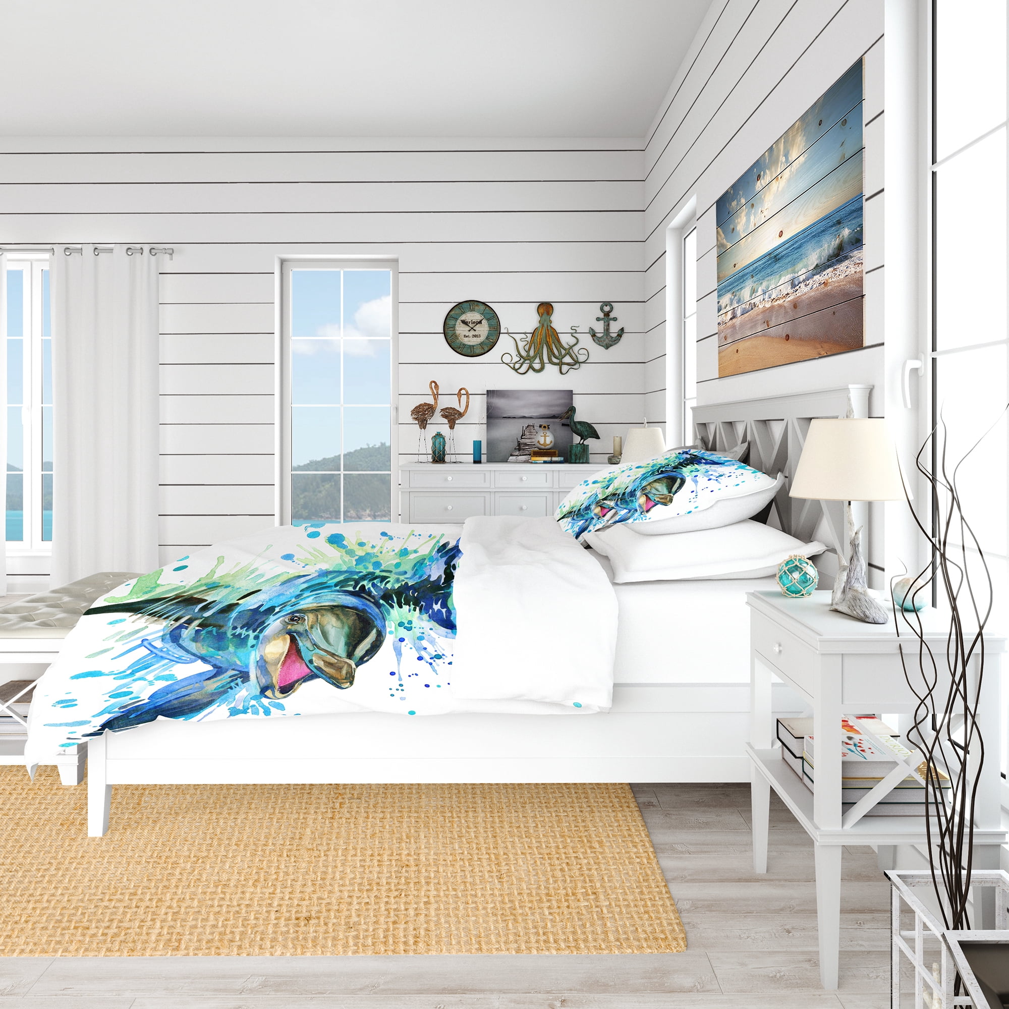 Designart 'Large Blue Dolphin Watercolor' Nautical & Coastal Duvet Cover Set