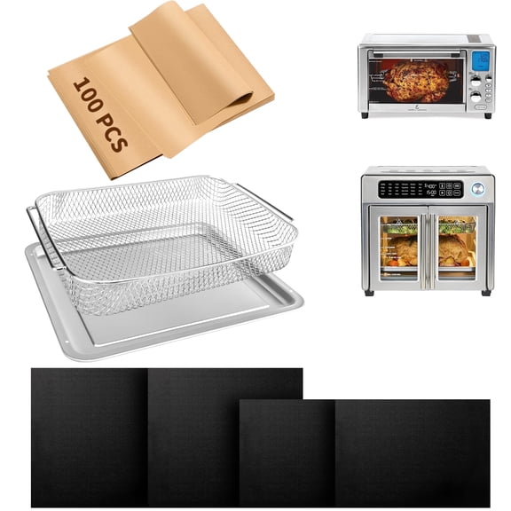 Air Fryer Accessories Compatible with Emeril Lagasse 26Qt & Everyday 360 Air Fryer - Stainless Steel Pan & Basket, Parchment Paper, Non-Stick Teflon Mat Oven Liners
