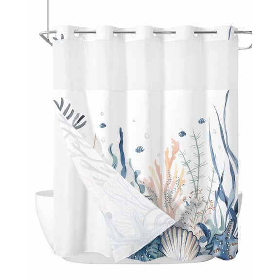 No Hook Cloth Fabric Shower Curtain with Snap in Liner, Summer Coastal Coral Waterproof Shower Curtains Set with See Through Top Window, Blue Ocean Conch Shell Blue Bath Curtains Shower 66"x72"