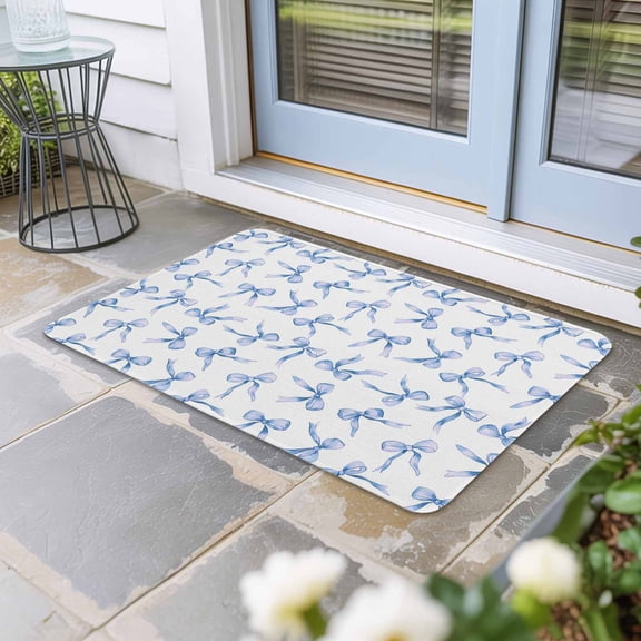 Purple Blue Bow Ribbon Door Mat Indoor Outdoor, Vintage Modern Art Bowknot Non Slip Welcome Mat with Rubber Backing, Absorbent Fabric Front Door Mats Entryway Rug for Home Patio Entrance 20"x31.5"