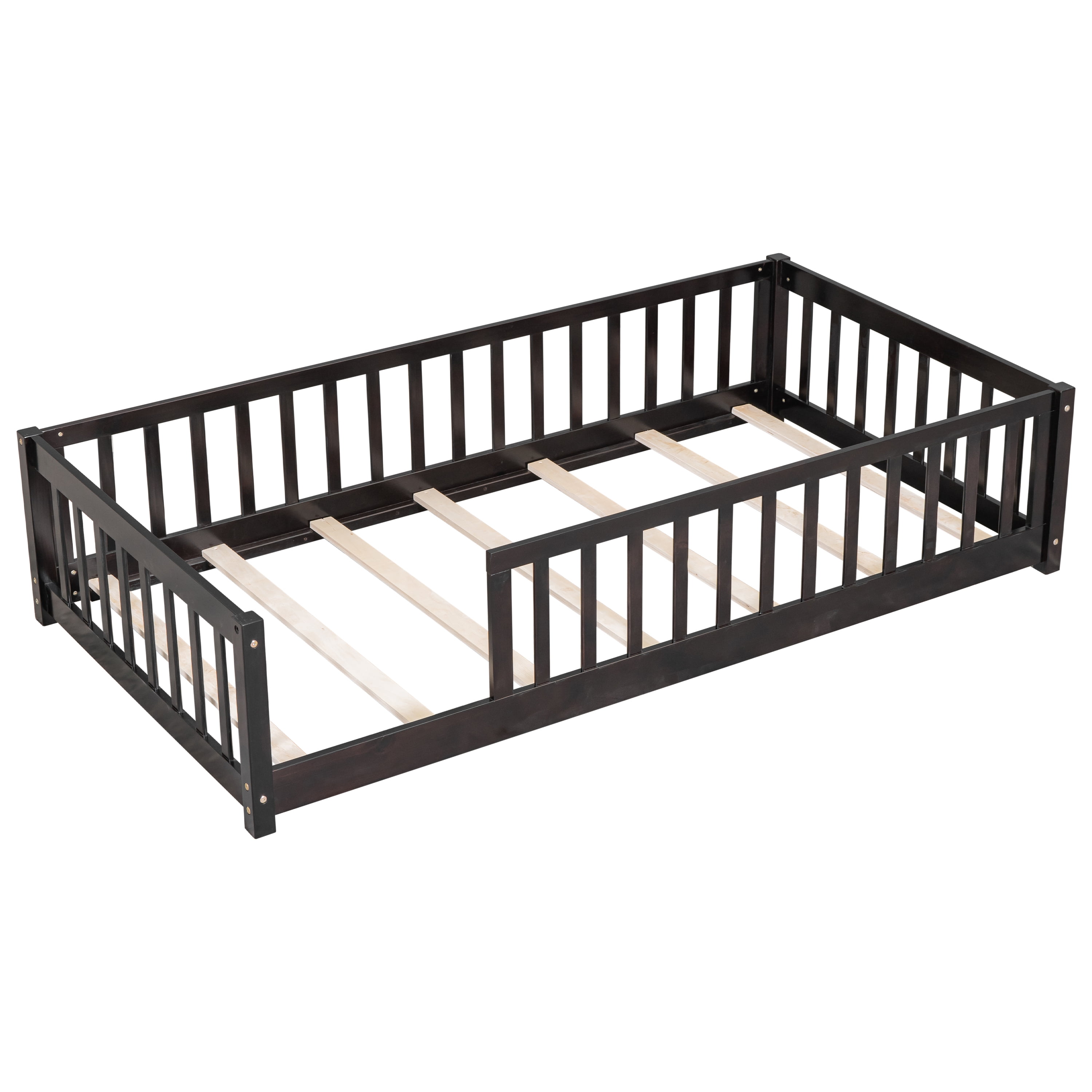 Miniyam Toddler Twin Contemporary Wood Toddler Bed with Guardrails, Espresso