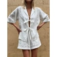 thumbnail image 6 of Elippeo Women’s Casual 2 Piece Outfits 3/4 Sleeve Tie Knot Front Shirt + Shorts Set Vacation Clothes, 6 of 8