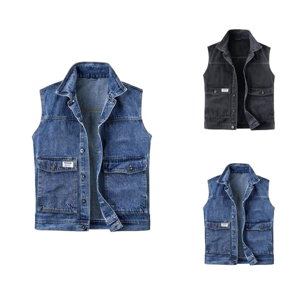 Denim Vest Men Vintage Casual Sleeveless Button Down Collared Jean Vest Jacket Outerwear with Pockets