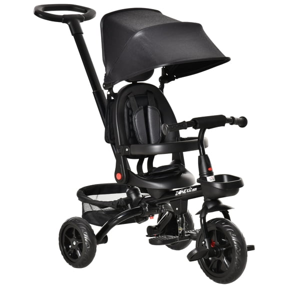 4 in 1 Kids Tricycle with Push Handle, Reversible Seat, Canopy, Storage Basket, Safety Belt for Toddlers 1-5 Years, Black