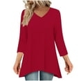 thumbnail image 2 of Aobny Women Summer Tops Red Long Shirt Tunic Blouses Pullover 3/4 Sleeve V-Neck Women Workout Tops,S, 2 of 7