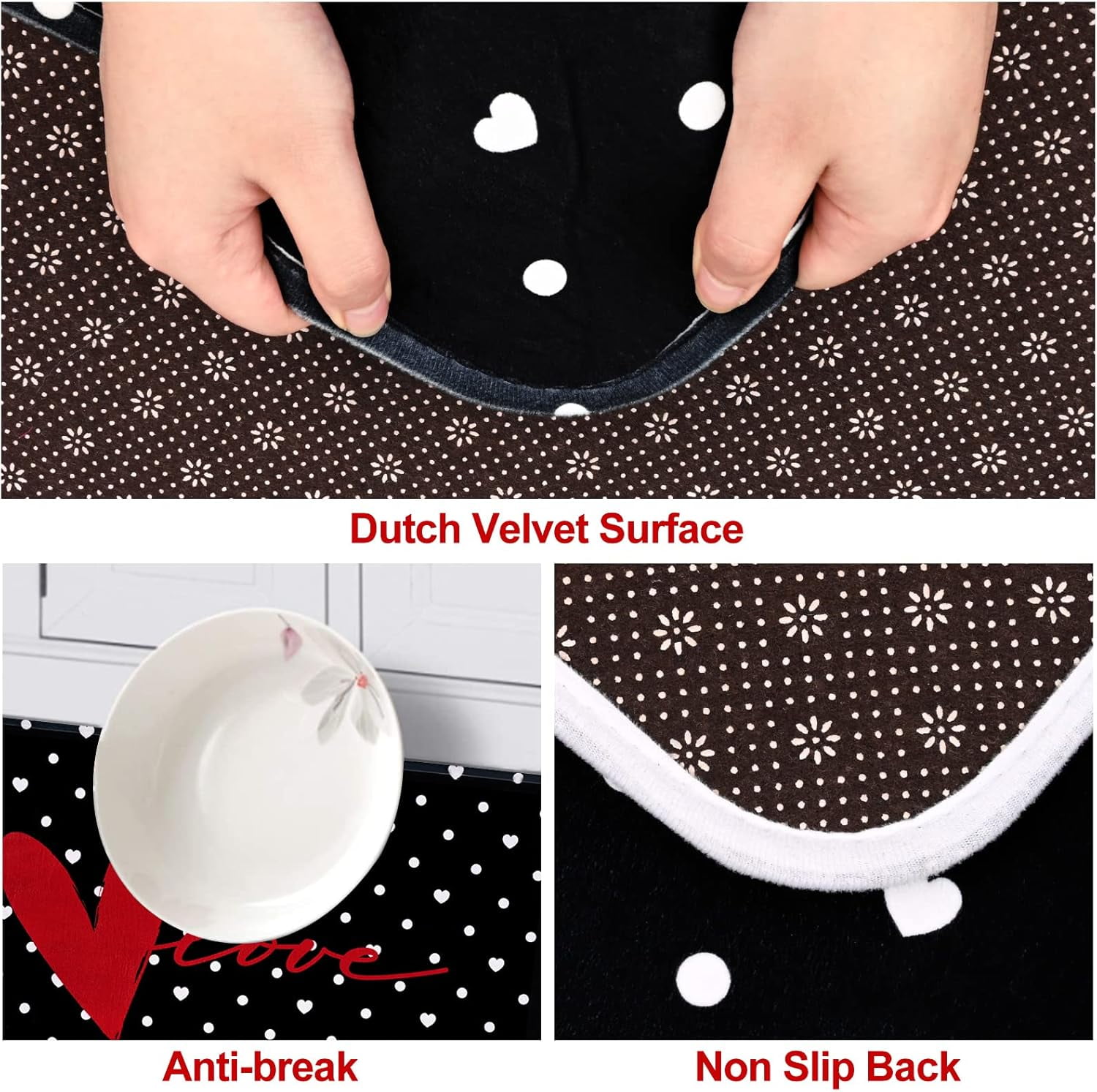 2 Pcs Valentines'' Day Kitchen Rugs, Black Kitchen Area Rug Set, Love Heart Doormat Set with Non Slip Backing, Absorbent Anti Fatigue Kitchen Mats for Laundry Room Floor Bedroom Home Decor