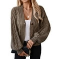 thumbnail image 2 of Women's Fashion Casual Solid Color V-Neck Long Sleeve Loose Knitted Cable Button Cardigan Sweater Jacket for Fall and Winter Layering,Camel,L, 2 of 5