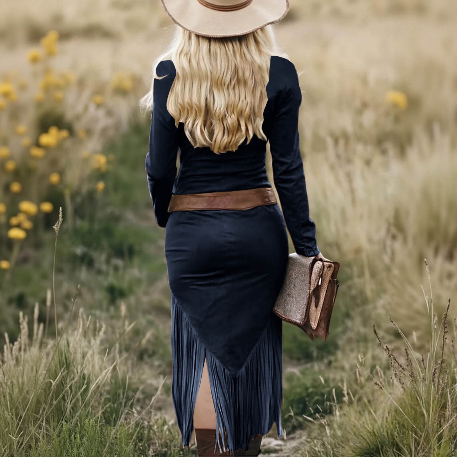 Women Western Suede Midi Dress Lapel Zip Up Long Sleeve Tassel Hem Vintage Cowgirl Slim Fit Dresses