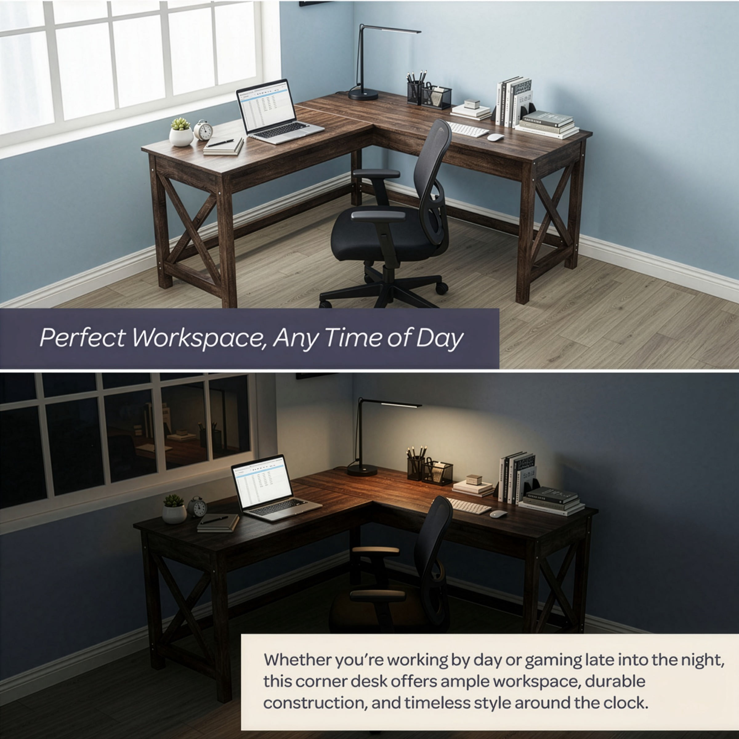 Lavish Home L-Shaped Computer Desk with X-Pattern Legs (Dark Gray Finish)