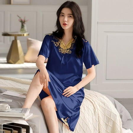 

QWZNDZGR Summer 4XL Faux Silk Female Sexy Sleepwear Ladies Nightwear Dress for Womens Nightgowns Sleepshirts Elegant Nightgowns Homewear