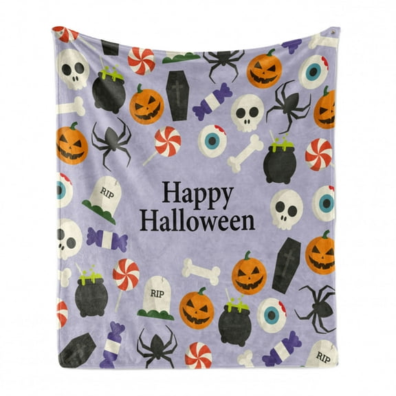 Halloween Soft Flannel Fleece Throw Blanket, Happy Halloween Lettering with Scary Symbols and Candies Pattern, Cozy Plush for Indoor and Outdoor Use, 70" x 90", Pastel Purple Multicolor, by Ambesonne