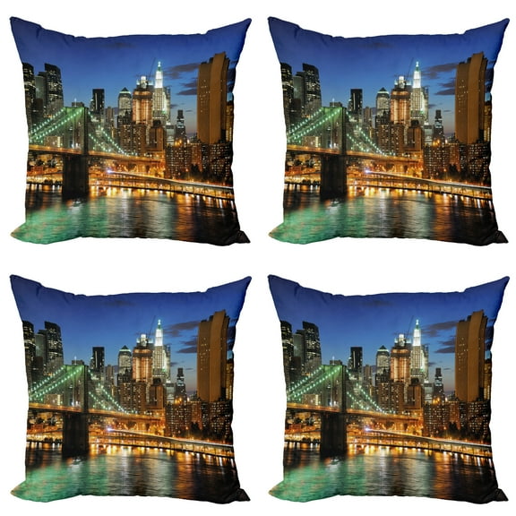 Ambesonne City Throw Pillow Cover 4 Pack, New York at Night Bridge, 20", Multicolor