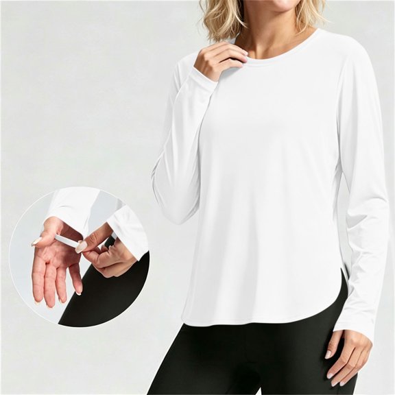 DailyTrove Women UPF50 Sun Protection Long Sleeve Shirts Crew Neck Curved Hem Athletic Workout Tops with Thumb Holes