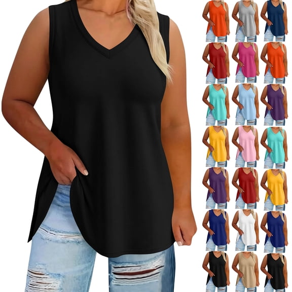 Casual Tops for Women V Neck Sleeveless Tank Tops Side Split Loose Solid Color Casual Summer Flowy Vest Shirts 3XL