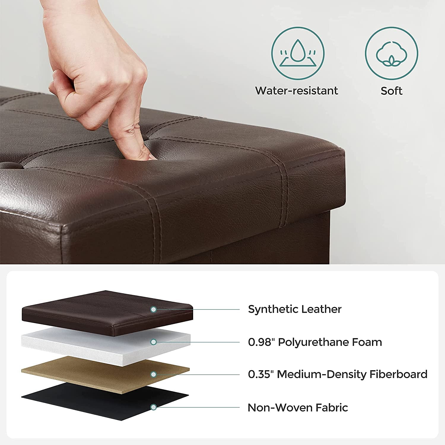 SONGMICS 43" Folding Storage Ottoman Bench Storage Chest Ottoman with Storage Leather Footrest Seat Padded Bench Brown