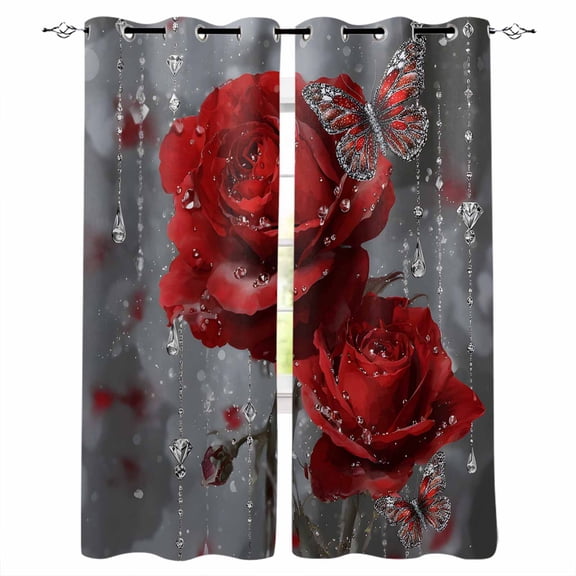 Red Roses Blackout Curtains for Bedroom/Living Room, Thermal Insulated Kitchen Curtains, Valentine's Day Crystal Butterflies Floral Grommet Darkening Window Treatment Drapes 42"x84"x2