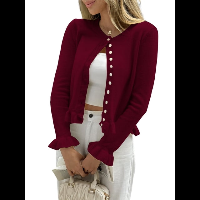 Suéteres Tipo Cárdigan con Botones para Mujer, Ligeros, de Larga, Cuello Redondo, de Punto, de Verano, con Abertura Frontal Vino Tinto XL