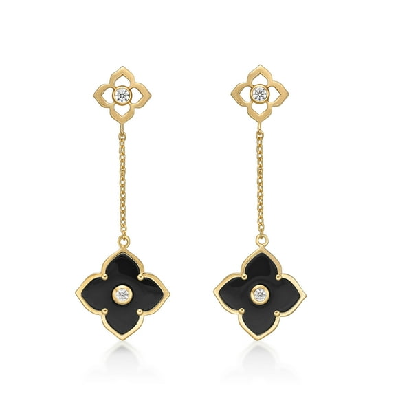 Black Onyx Flower Dangle Drop Earrings for Women in 925 Sterling Silver with Yellow Gold Plating Friction Back by Lavari Jewelers