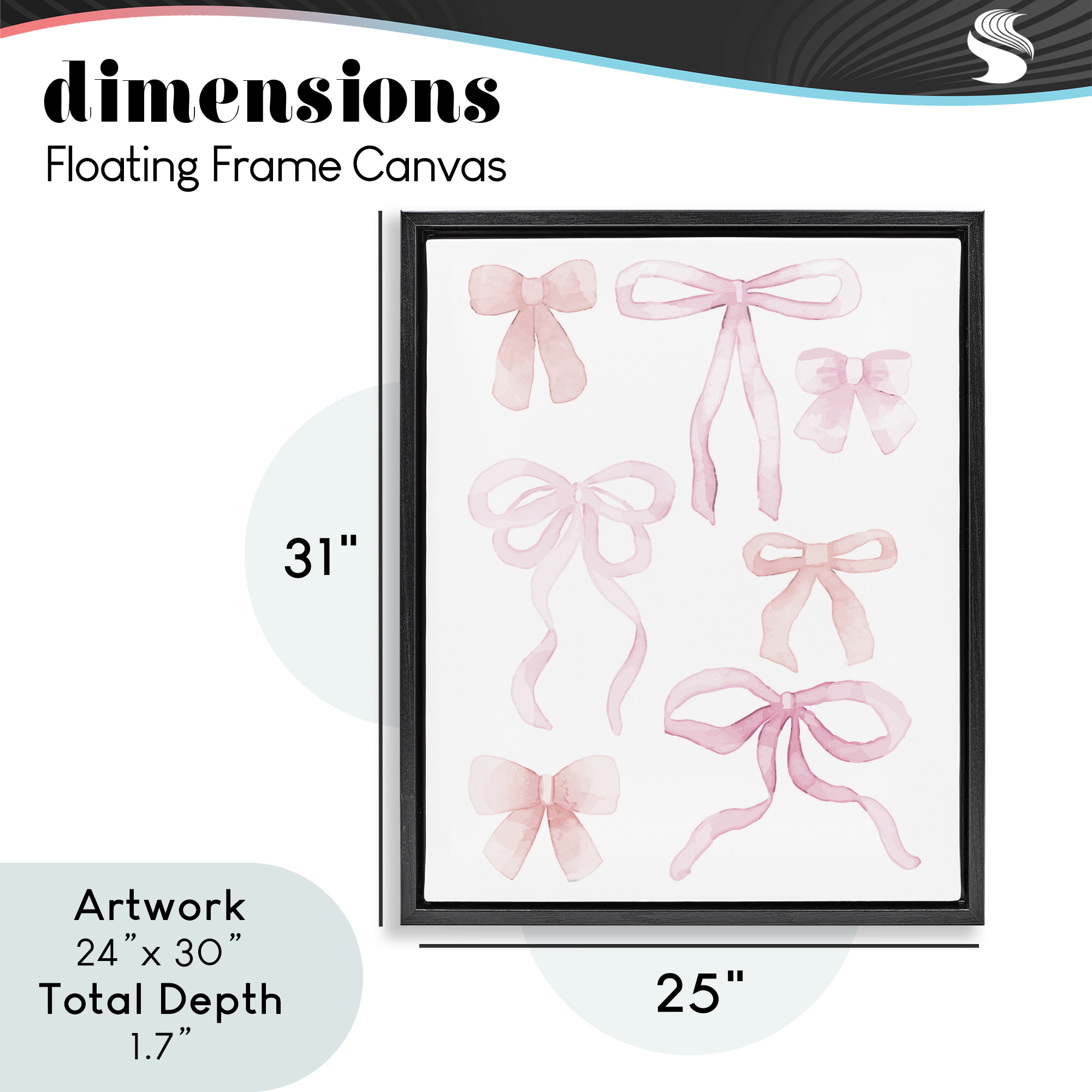 Pink Watercolor Bows Black Framed Floater Canvas Wall Art, design by Kim Allen