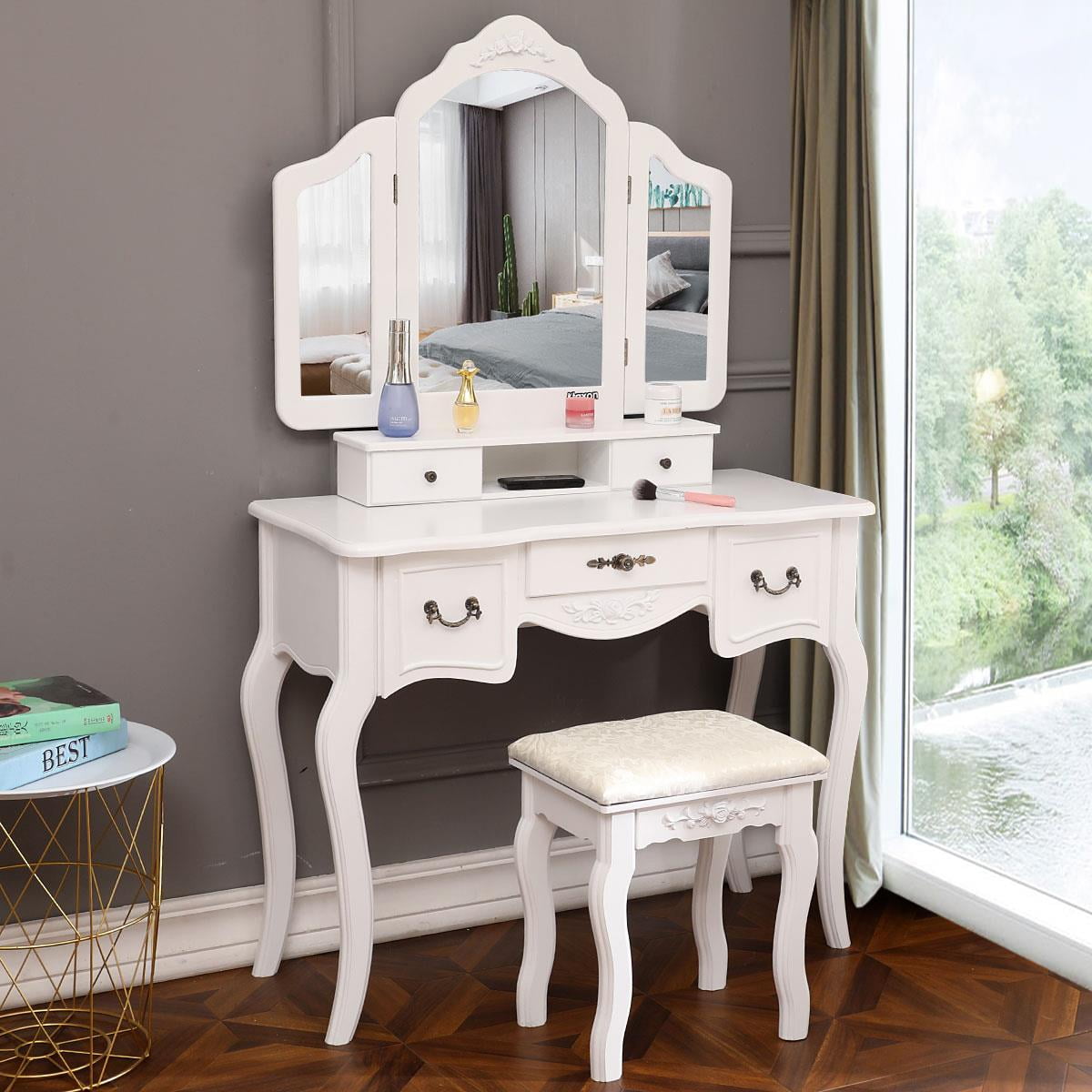 Vanity Beauty Station Makeup Table&Wooden Stool 3 Mirrors And 5 Drawers Set 