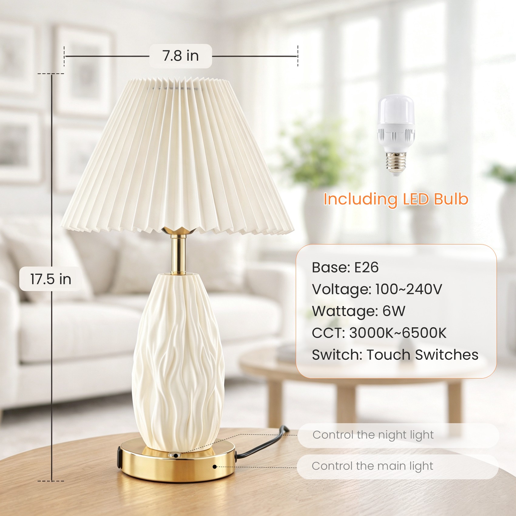 GVDV 17.5 In Touch Control Table Lamp, USB Charging, Beige photo 8