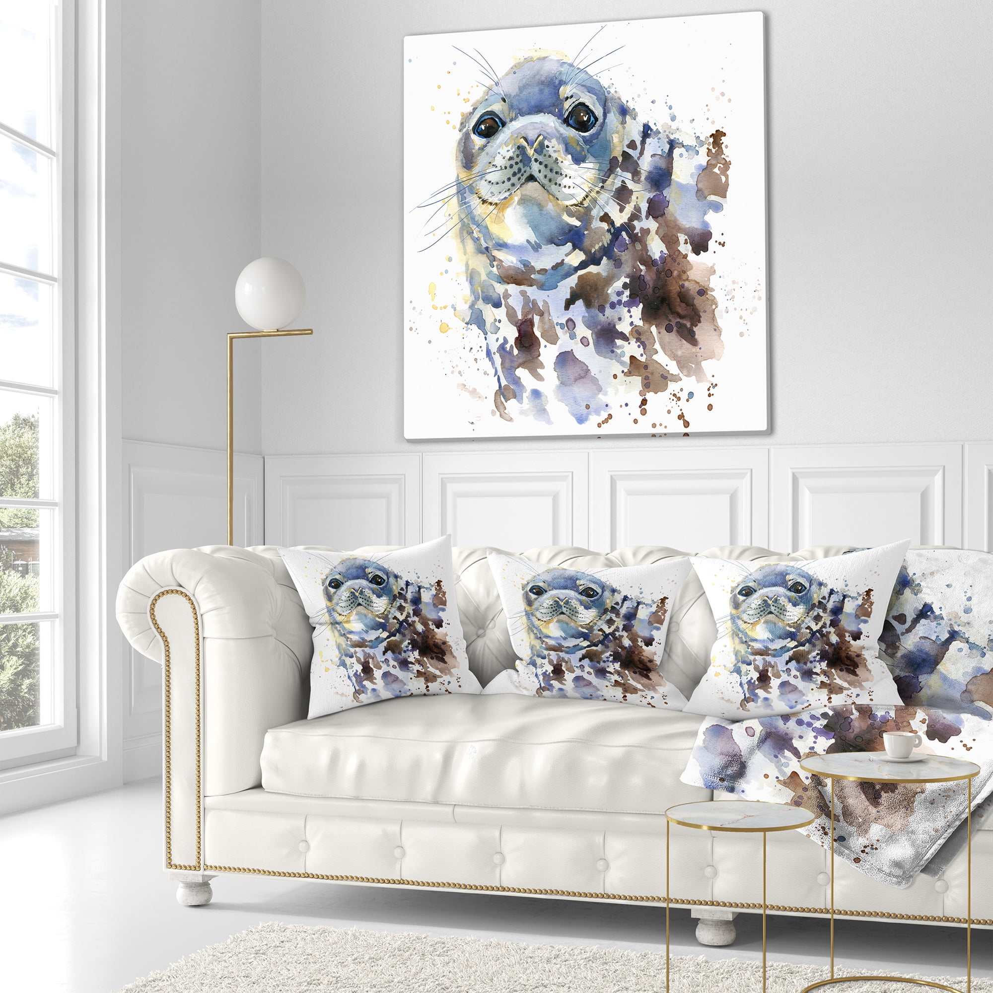 Designart Blue Marine Seal Watercolor - Contemporary Animal Throw Pillow - 16x16