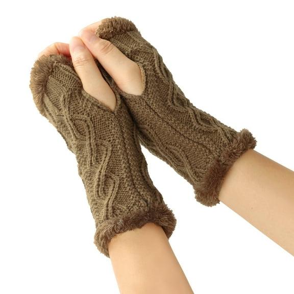 Women Arm Warmers Winter Knitted Wrist Warmers Fluffy Lined Fingerless Mitten Gloves for Women Girls Cold Weather Light Brown