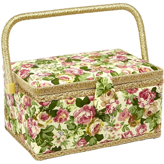 Sewing Basket with Floral Print Design - Sewing Kit Storage Box with Removable Tray, Built-in Pin Cushion and Interior Pocket - by Adolfo Design