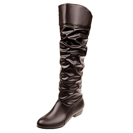 

Women Slip-On Square Heel Solid Color High Boots Knee-High Shoes Round Toe Boots Yutnsbel